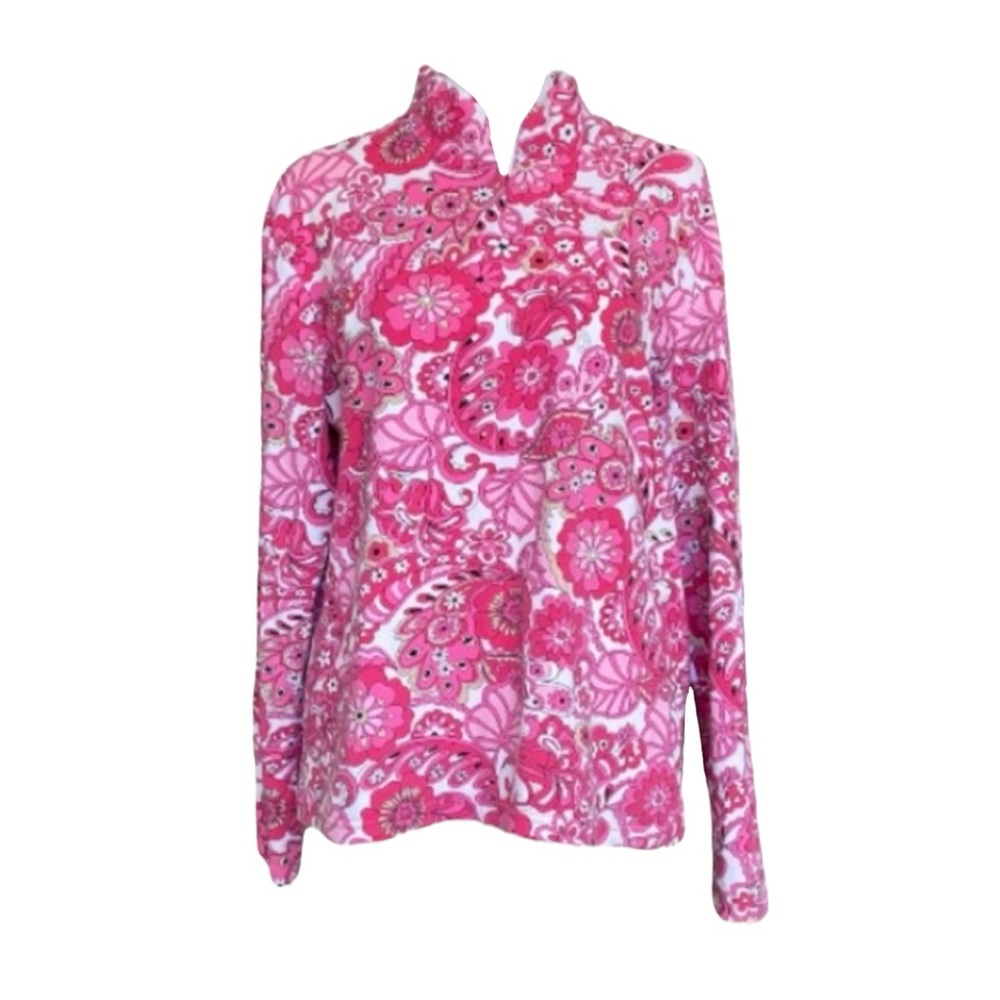 Vintage 60s 70s Style Pink Printed Mock Neck Long Sleeve Top size women‘s medium
